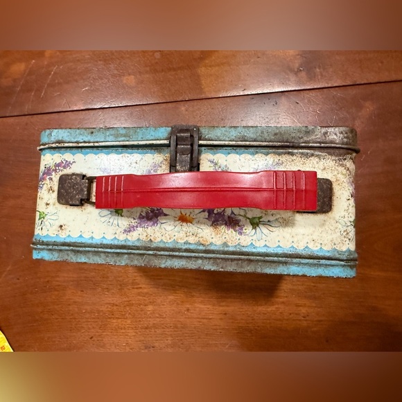 Vintage 1950s Thermos Corsage Flower Metal Lunchbox – Blue Floral Design - Picture 6 of 13